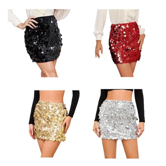 Glitzer Pailletten Tanzrock Hochtailliert Hüftumspielend Schlankmachende Passform Sexy Rock Bühnenauftritte Minirock