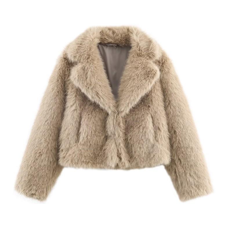 Womens Faux Fur Short Coat Casual Office Style Long Sleeve Turn Down Collar
