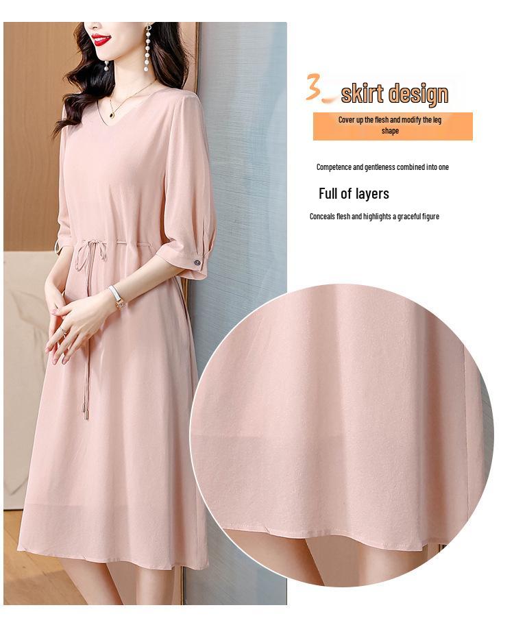 Elegant Plus Size V-Neck Mulberry Silk Dress - Age-Reducing & Slimming