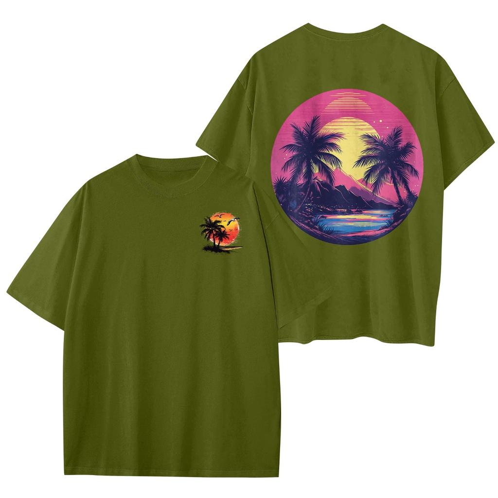 Women's Round Neck Fashionable Loose Hawaiian Print Short Sleeves