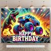 2D planar drawing, dinosaur truck birthday banner - Dinosaur and Monster Truck, Heavy Machinery Theme