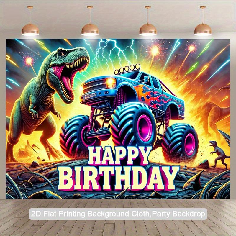 2D planar drawing, dinosaur truck birthday banner - Dinosaur and Monster Truck, Heavy Machinery Theme