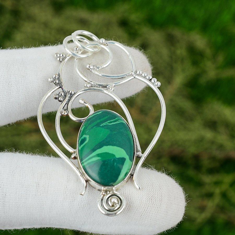 925 Silver Oval Malachite Gemstone Unique Bezel Mother Handmade Wedding Pendant