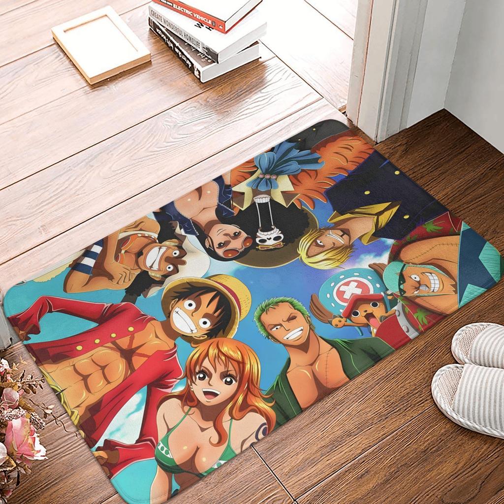 Anime One Piece Front Door Mat Anti-Slip Outdoor Absorbent Straw Hat Pirates Luffy Doormat Garden Garage Entrance Rug Carpet