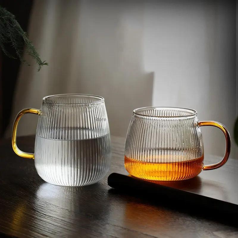 1-6PCS Japanese Striped Glass with HandleTransparent Water Cup Home Net Celebrity Heat-Resistant Drinking Juice Cup Wine Glasses