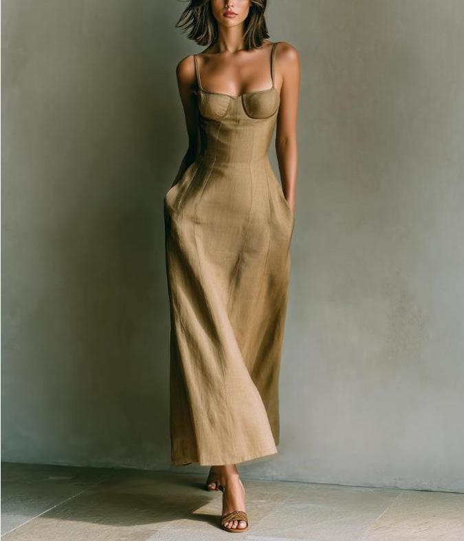 Summer European and American new product temperament waist solid color suspender dress