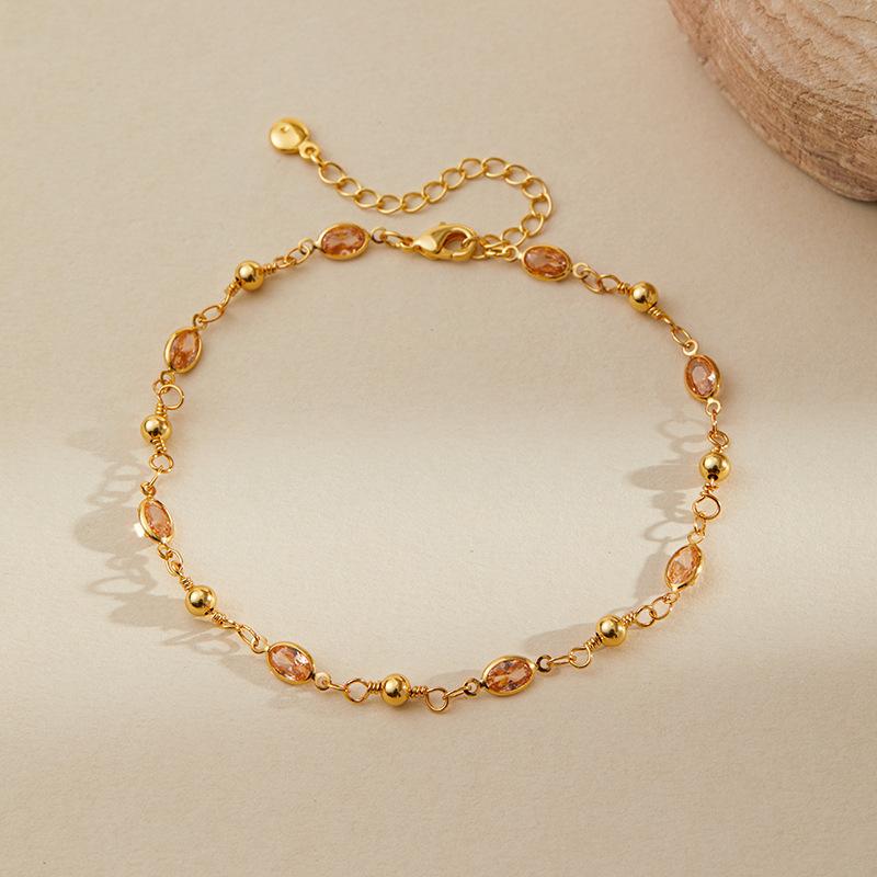 Gold Plated Emerald Green CZ & Gold Ball Bead Chain Anklet With Extension оранжевый