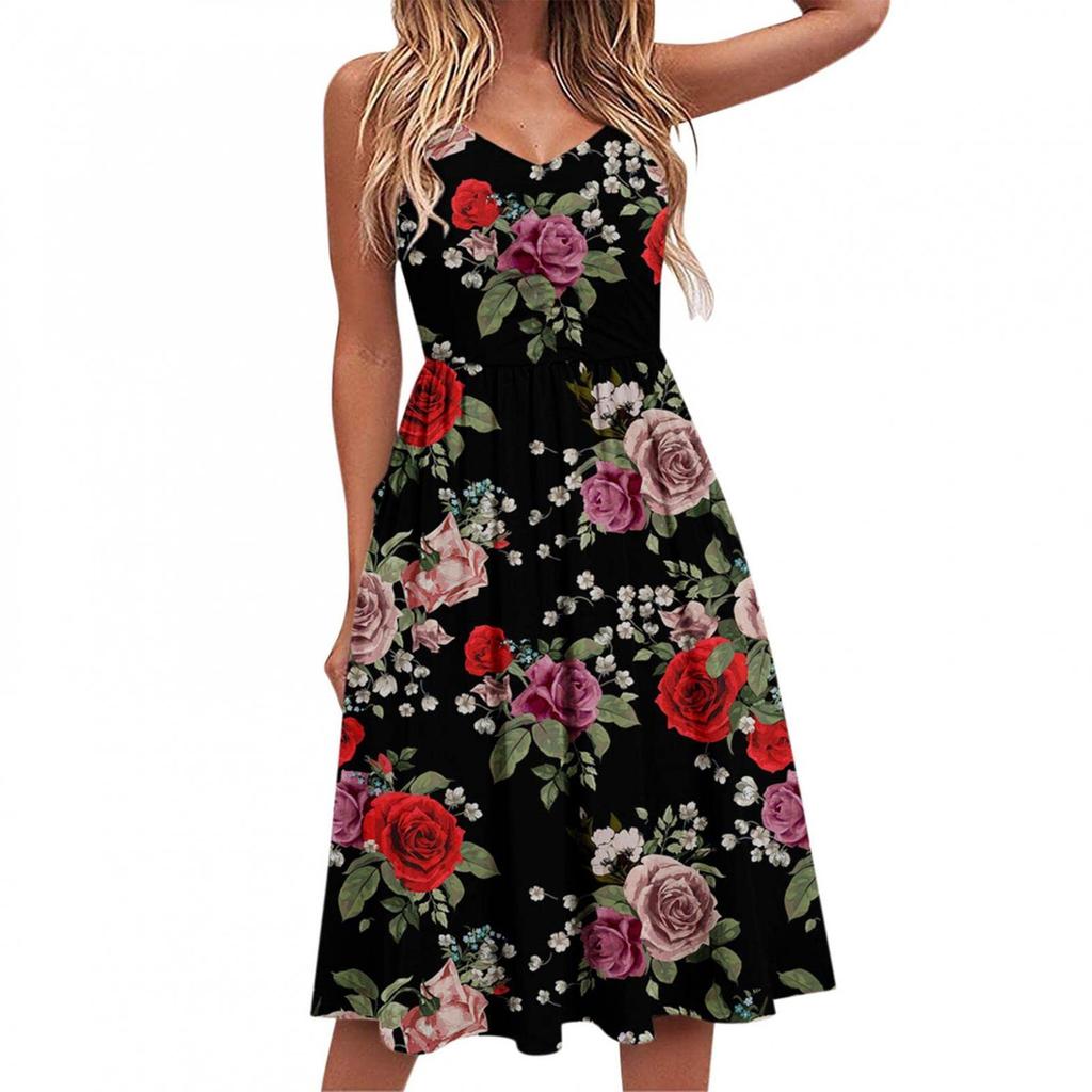 Women's Casual Fashion V-Neck Floral Leaf Print High Waist Pleated Sling Dress