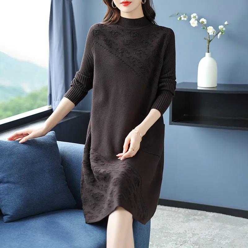 

Осенне-зимнее женское платье в стиле вестерн, длинное выше колена, осенне-зимнее, прикрывающее живот, тонкий свитер, юбка, нижняя часть рубашки 3XL кофейный