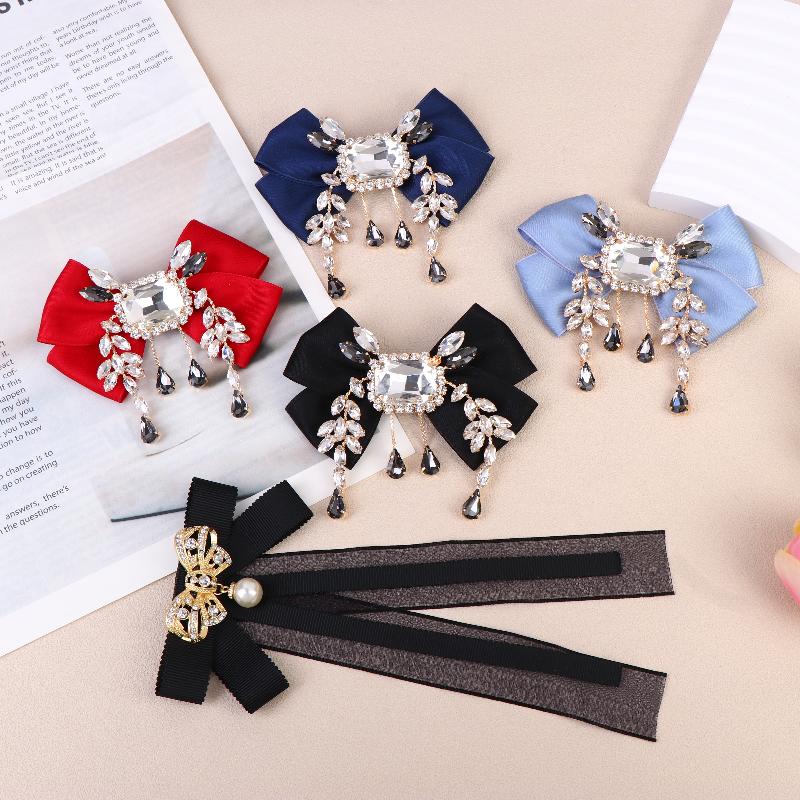 New New Fabric Bowknot Brooches Rhinestone Tassel Bow Tie Female Shirt Collar Pin Vintage Corsage For Women Accessories