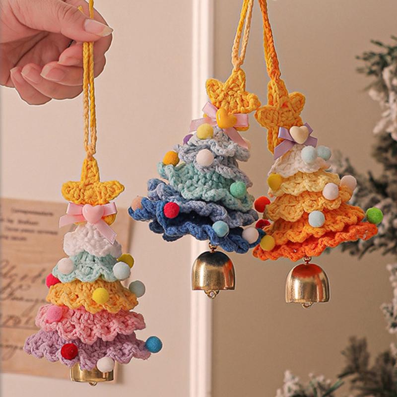 1-5Pcs Christmas Tree Car Pendant Hand Woven Xmas Tree Hanging Ornaments Colorful Crochet Christmas Tree With Bell Holiday Decor