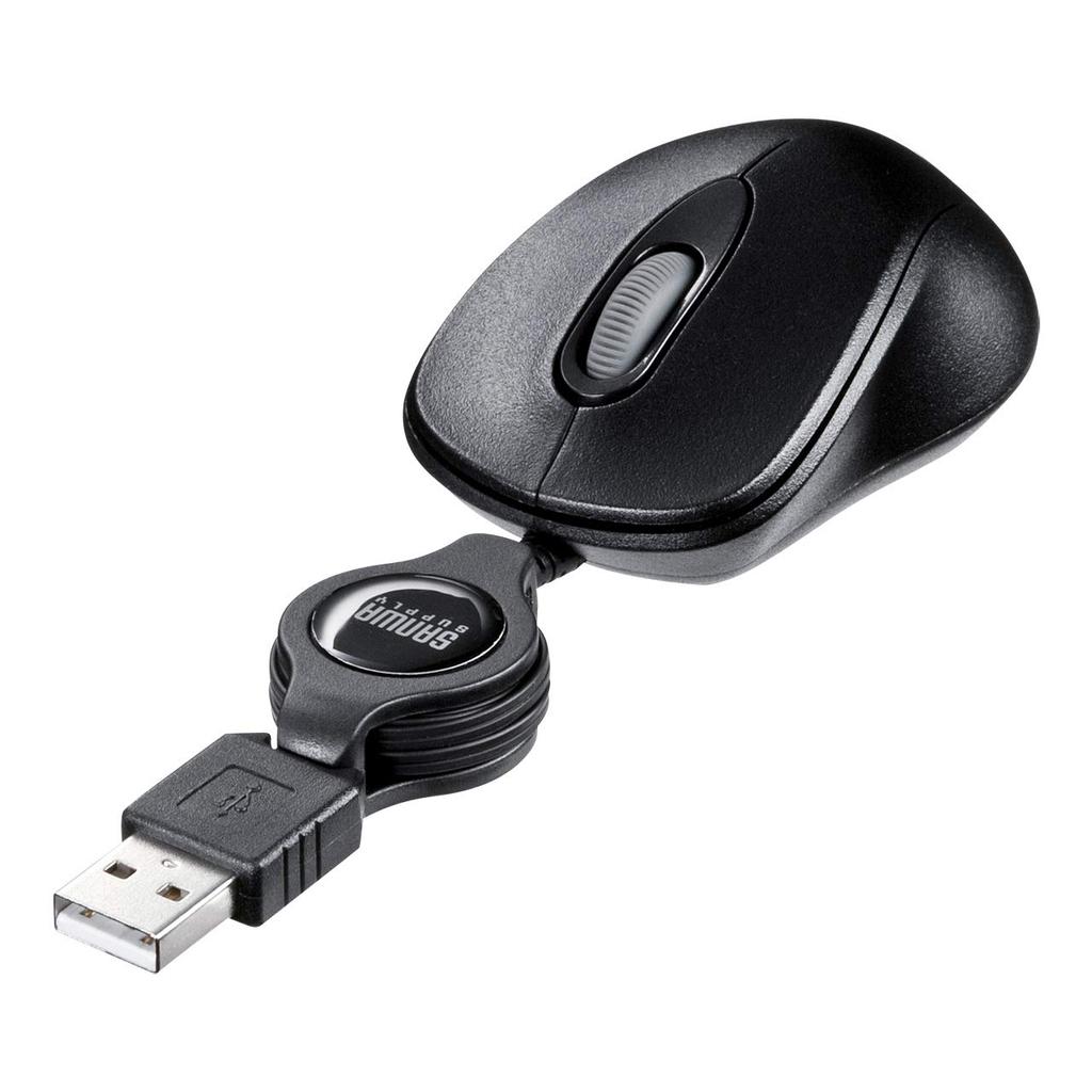 Sanwa Supply Cable Retractable Optical 3 Mouse, Ultra-Compact, Buttons, Black, MA-MA6BK