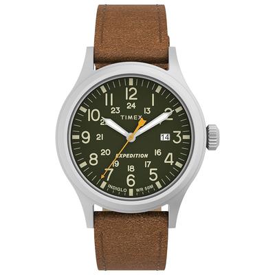 Timex Wristwatch Expedition Scout Mens 40mm Silver-tone Case Green Dial Brown Leather Strap Size 40