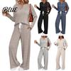 Solid Color Pajama Set Women's 2 Piece Lounge Outfits Casual Long Sleeve Top Elastic Waistband