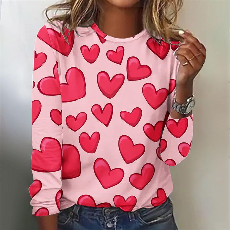 Spring and Autumn Round Neck 3D Love Heart Graphic Printed Top Fashionable Elegant Casual Long Sleeved Women's T-shirts