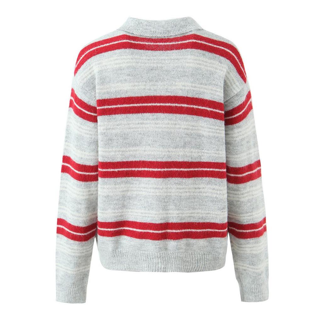 MIU Style Striped Lapel Women’s Autumn Knit Polo Sweater Retro Loose Fit