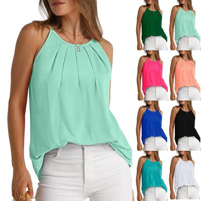 Camiseta camisola sin mangas con cuello redondo plisada de Color sólido a la moda de verano para mujer
