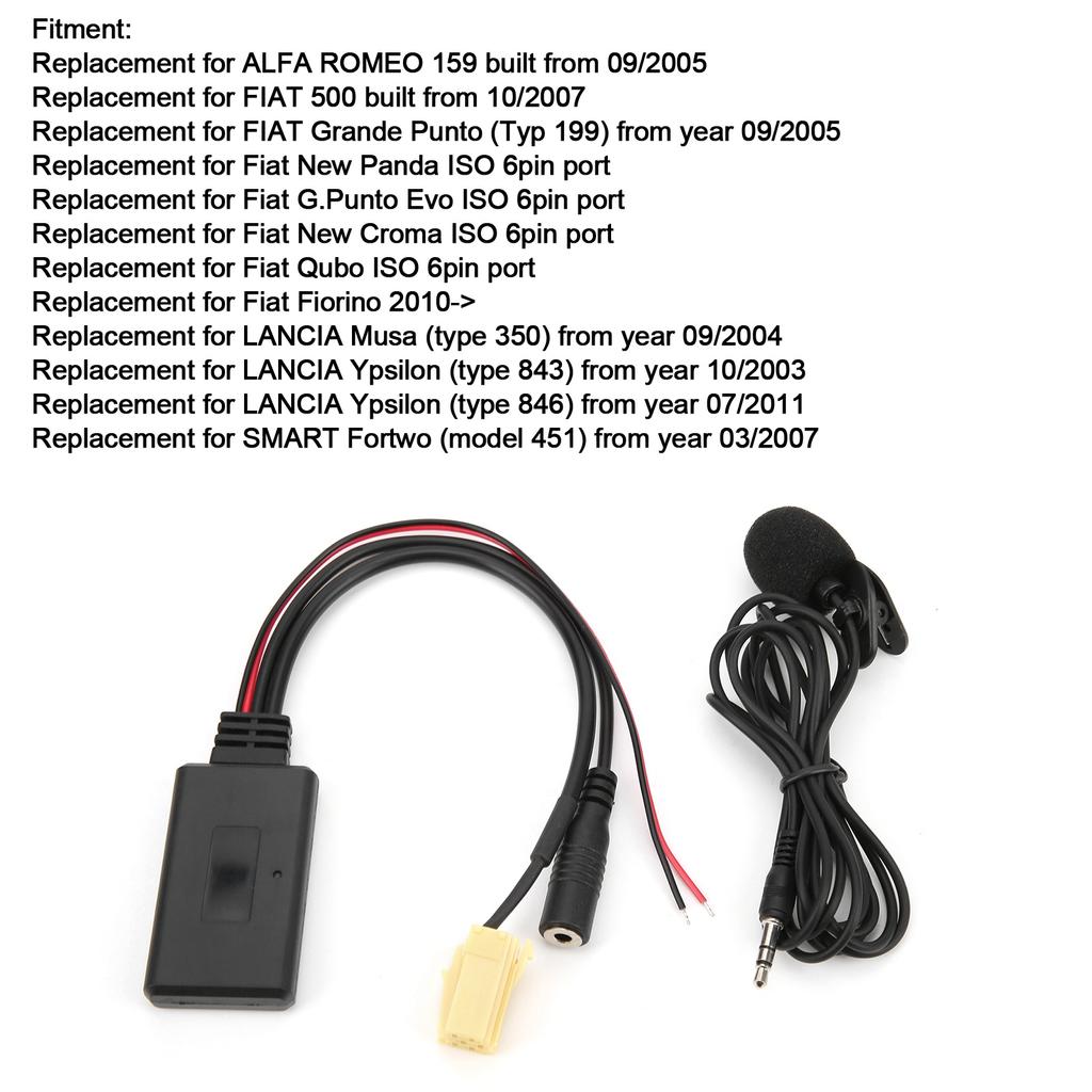 Bluetooth 5.0 AUX-kabeladapter med mikrofon Handsfree Erstatning for Fiat 500/Grande Punto/Qubo/Fiorino