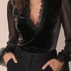 Blusa alla moda a tinta unita con scollo a V e maniche in pizzo trasparente
