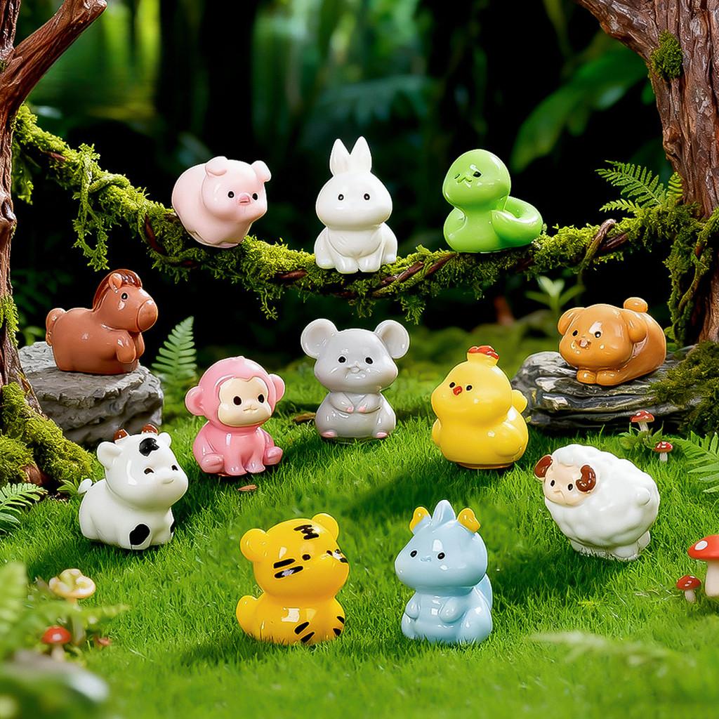 12Pcs/set Multicolors Cartoon Mini Zodiac Animal Miniatures Resin Ornaments Fairy Garden Decoration Moss Terrarium Micro Landscape