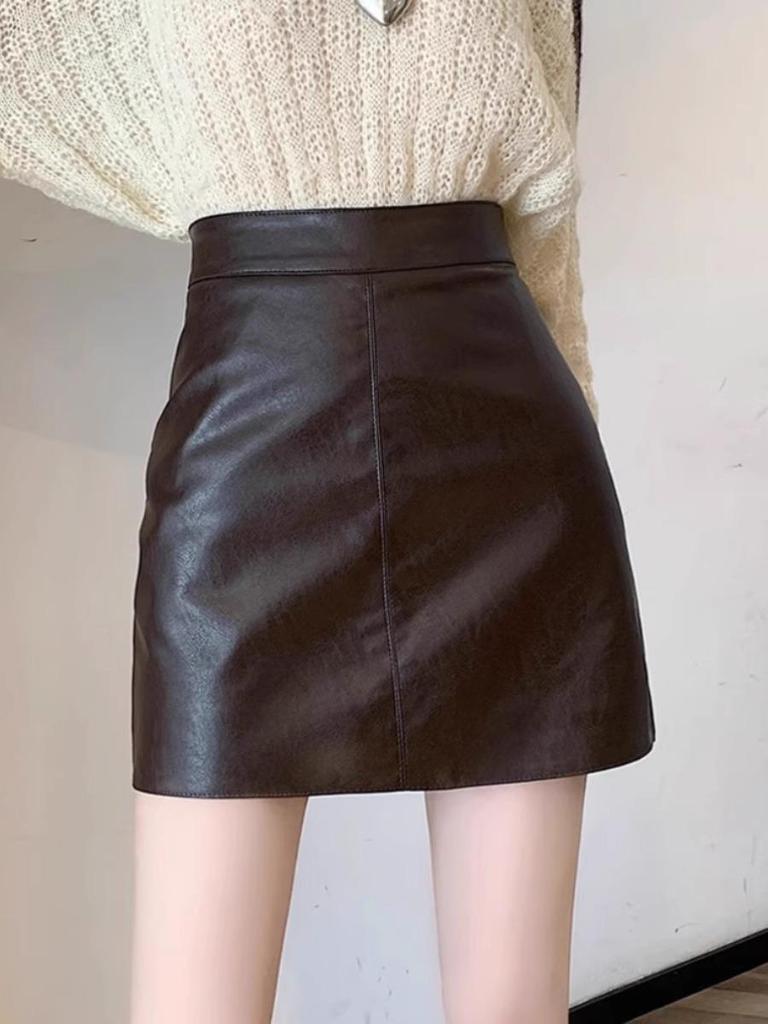 Women's High-Waist Black PU Leather A-Line Skirt – Autumn/Winter 2023, Korean Style, Slim Fit, Anti-Exposure, Short Length