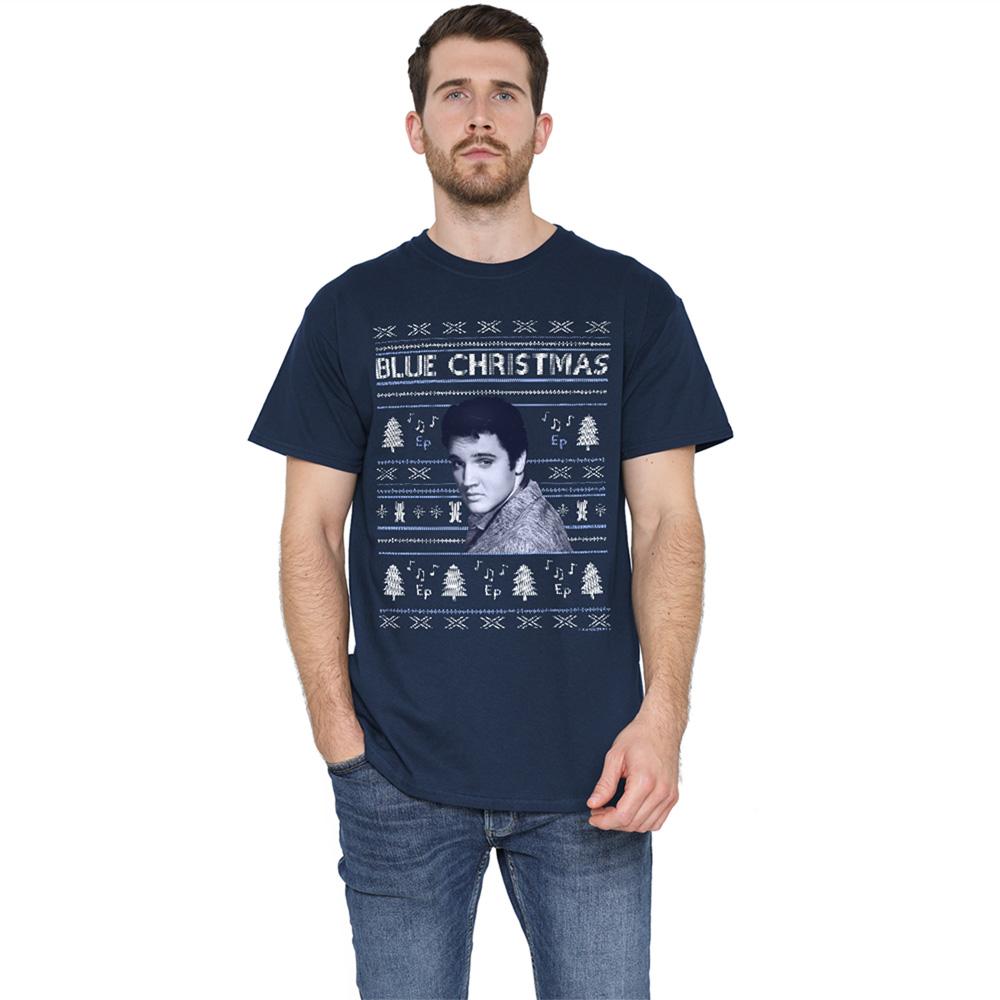 Elvis Presley Unisex Adult Blue Ugly Christmas Fair Isle T-Shirt