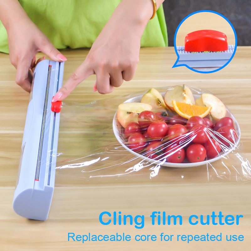 Plastic Wrap Dispenser with Slide Cutter Reusable Foil & Sealing Film Cutter Kitchen Storage Accessory Adjustable Length