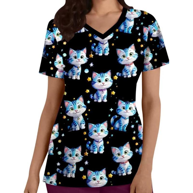 Woman Cute Cat Pattern Print V-Neck Short Sleeve Nurse Uniform Tops Comfortable with Pockets Medical Clothes