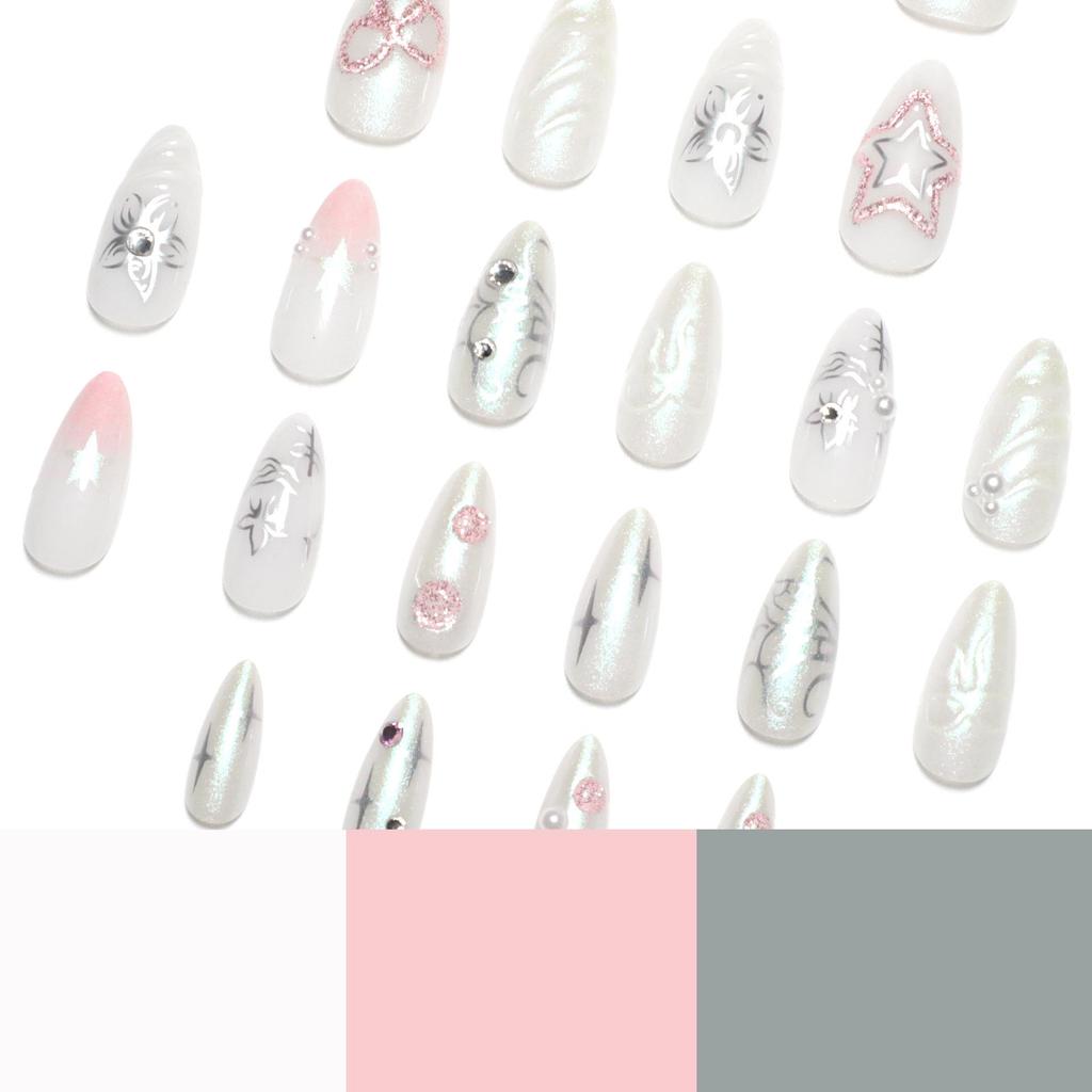 3D Silver Flower Wearable Nail Tips with Pearls, Bows & Glitter Stars