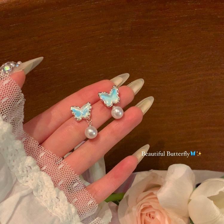 Elegant Blue Butterfly Pearl Stud Earrings for Women, S925 Silver, Fashionable and Versatile