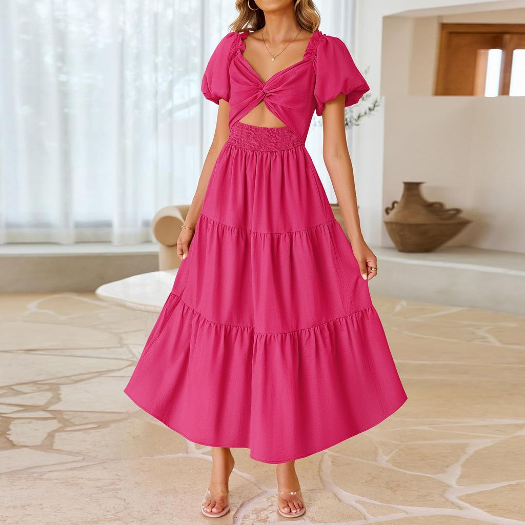 Women's Fashion Bohemian Wrap Short Bubble Sleeve A-Line Beach Long Dresses