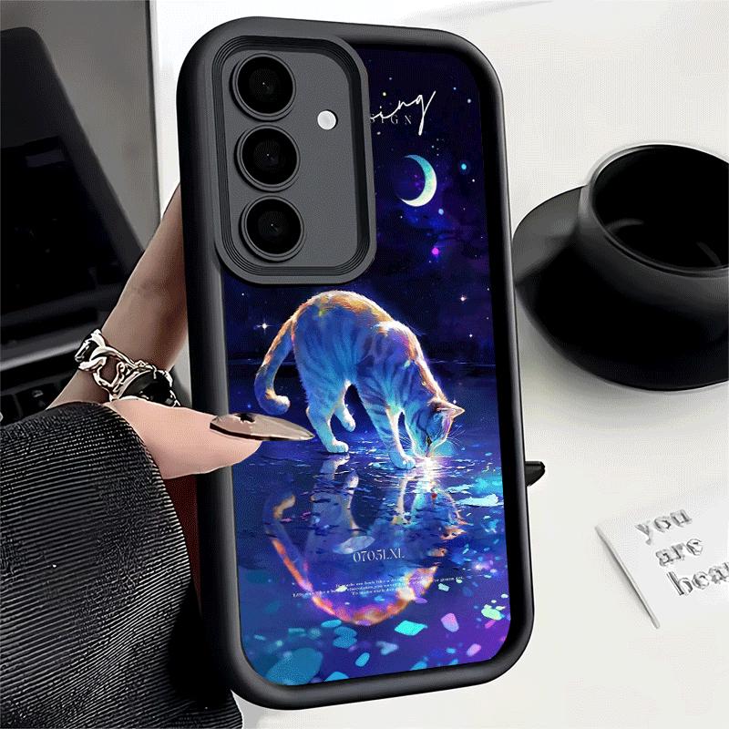 Phone Case for Samsung Galaxy S26 S25 Ultra S24 FE Night Moon Cat Dreamy Art Shell S23 Plus S22 + S21 S20 5G Soft Silicone Funda