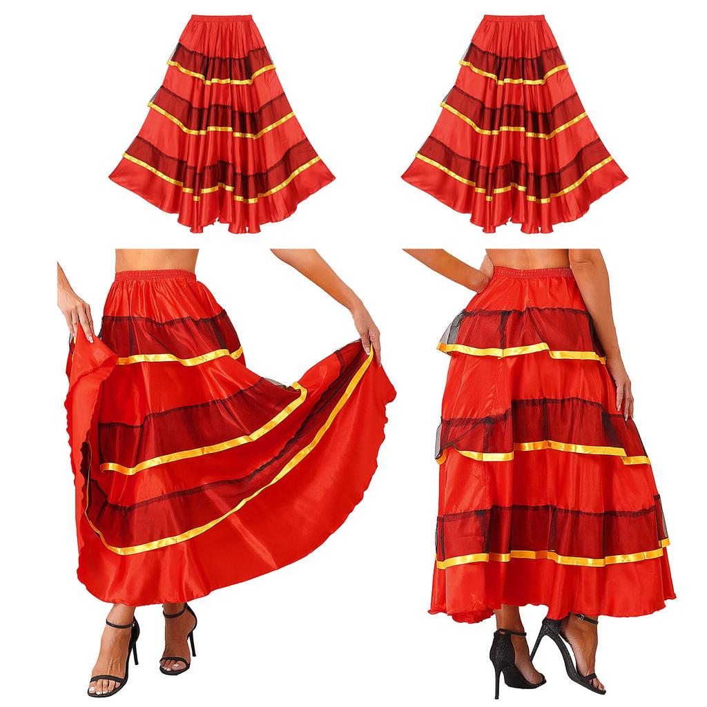 Womens Flamenco Dance Skirt Tiered Ruffles Wide Hemline Ballroom Dancing Skirt Carnival Stage Performance Costume
