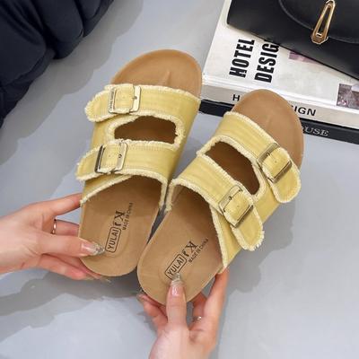 Thick-bottomed Boken Slippers for Women To Wear In the Summer of 2025, the New Retro Fairy Wind Fringed Ugly and Cute Flat-bottomed Slippers
