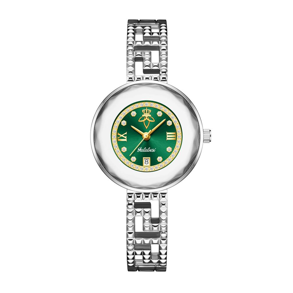 Yalalusi Luxury Emerald Green Ladies Wristwatch Geometric Gold Bracelet Crystal Dress Watch For Gift