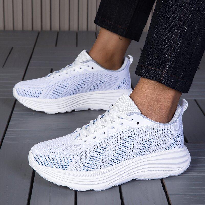 Breathable Mesh Women Running Shoes Men's Lightweight Knitted Sneakers Lace-up Thick Sole Casual Trainers for Jogging Fitness