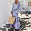 Dámské Vintage Geometrický potisk Dlouhé společenské šaty Dáma Elegantní Letní Plážové šaty s rukávem Boho Společenské šaty s výstřihem do V