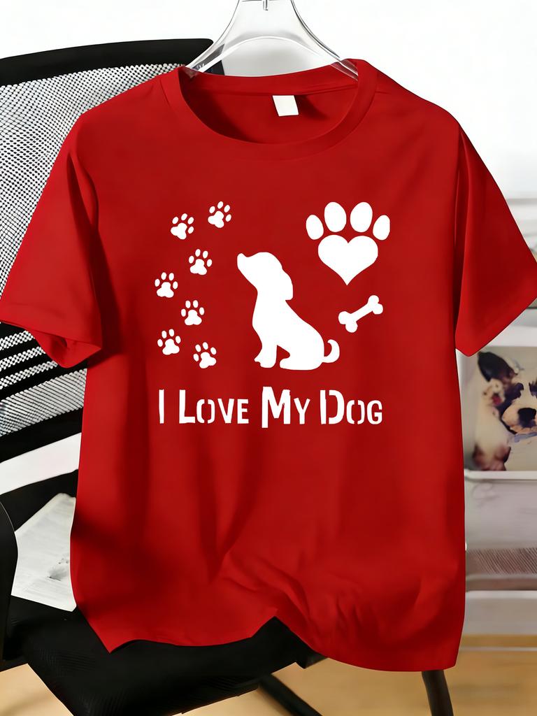 Unisex Crew Neck Tee I Love My Dog Paw Heart Bone Print Soft Blue Loose Summer Street Top For Dog Pet Lovers Daily Casual Outfit