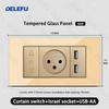 DELEFU Glass SC70 Panel 145mm Gold Israeli Standard USB C-type Fast Charging Wall Socket Switch TV Phone CAT5 CAT6