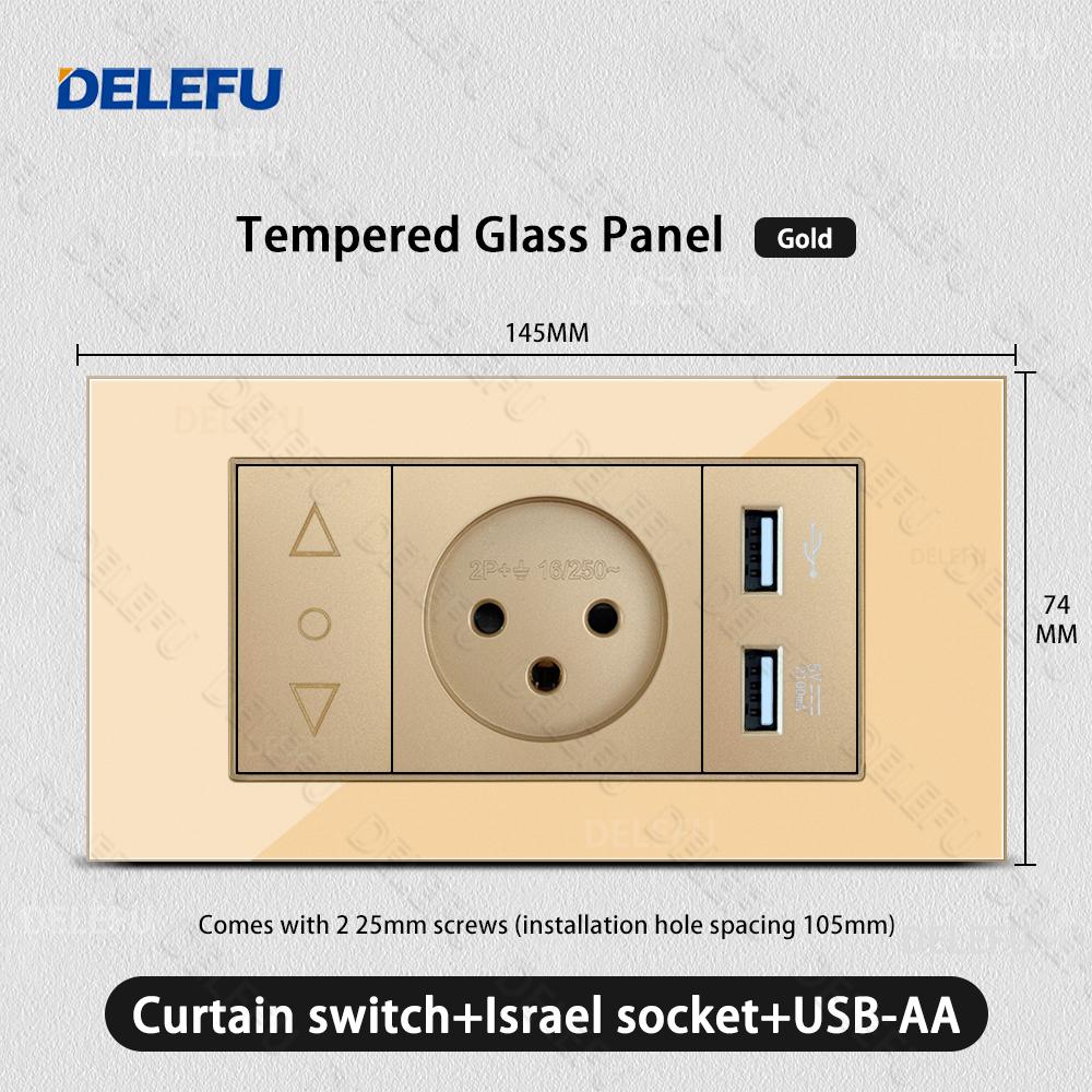 DELEFU Glass SC70 Panel 145mm Gold Israeli Standard USB C-type Fast Charging Wall Socket Switch TV Phone CAT5 CAT6