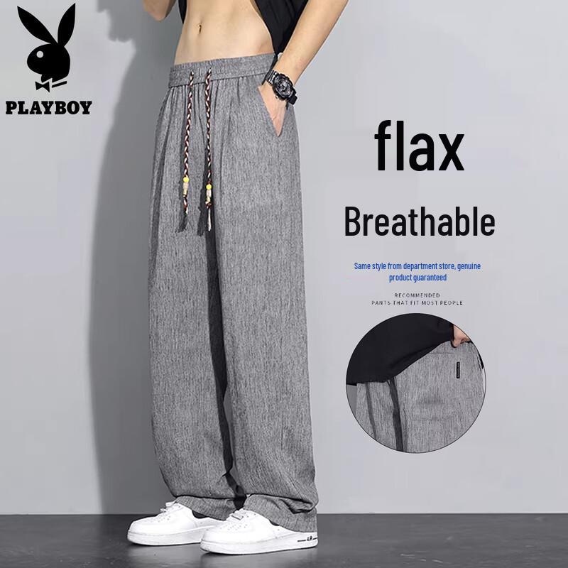 PLAYBOY Men s Summer Thin Linen Blend Casual Straight-Leg Pants 2XL