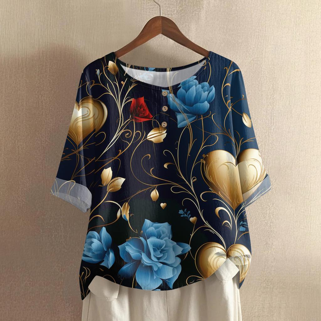 Damska koszulka z nadrukiem na Walentynki, casualowa, z krótkim rękawem, okrągłym dekoltem, z bawełny i lnu