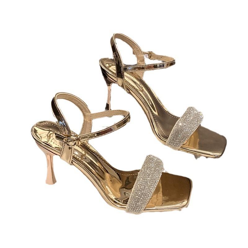 Fashion sandals 2025 summer Korean version fashion new square head rhinestone solid color buckle strap stiletto women's shoes