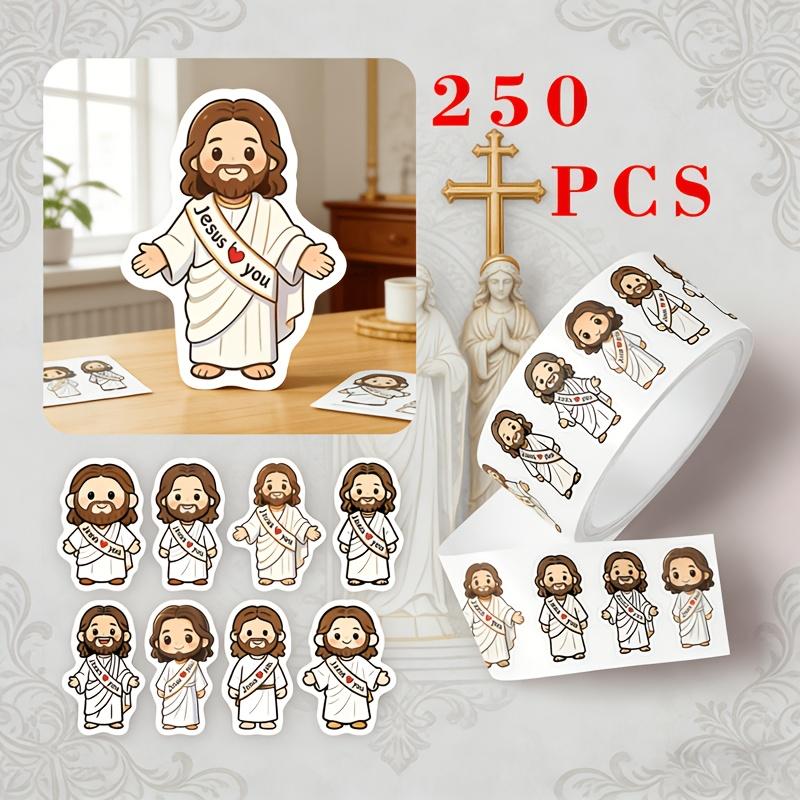 

250Pcs/Roll Jesus Loves You Stickers Religious Decorative Labels for Gift Packaging Journals Scrapbooking As Shown