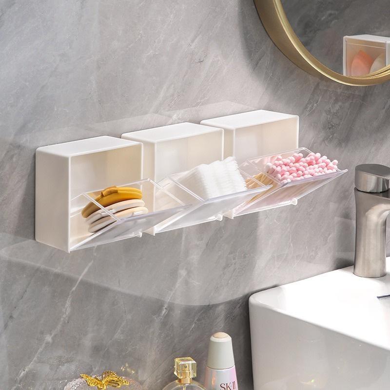 1pc Plastic Makeup Organizer- with Flip Cover, for Cotton Pads, Hair Ties, Lipstick Storage, with Adhesive Backing Flip Cover