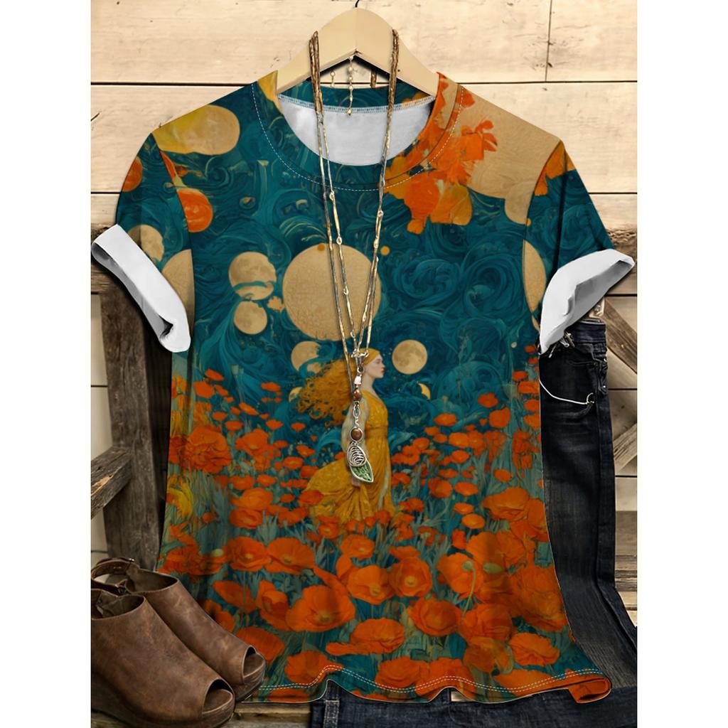 Summer Round Neck Flower Pattern 3D Print Top Fashionable Casual Short Sleeved Women's T-shirts