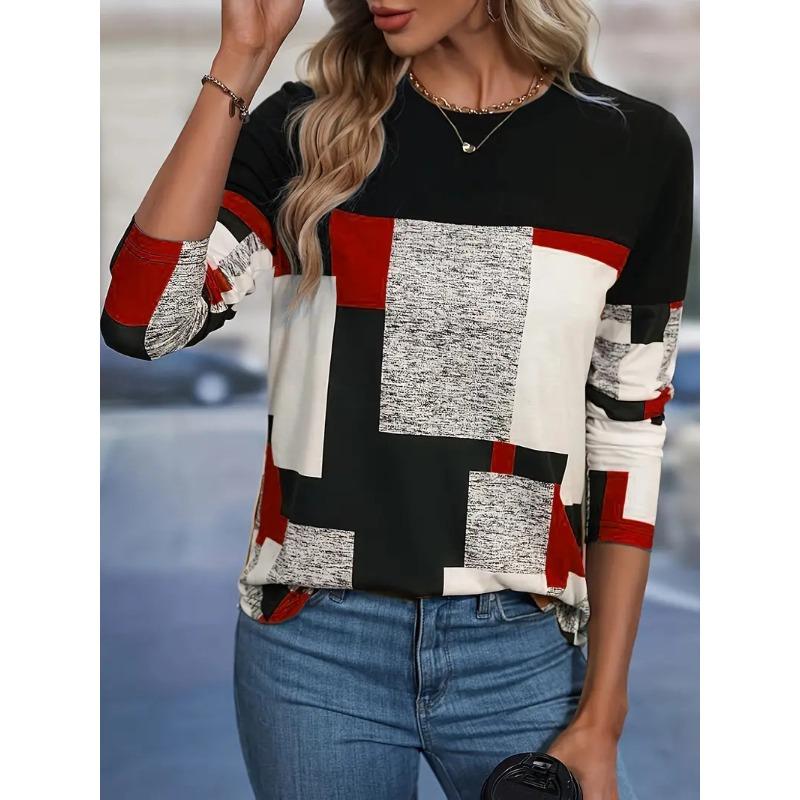 Geometric Color Block Top Women's Fashionable Contrasting Long Sleeved T-shirts