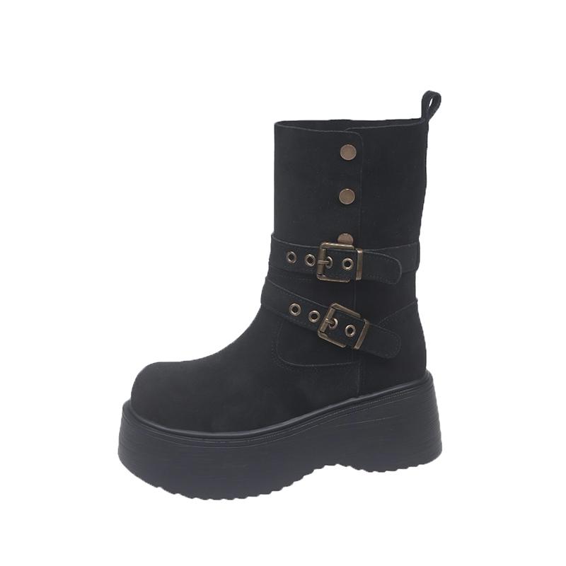 

Fashion Shoes for Women 6.5CM Platform Modern Boots Belt Buckle Punk Shoes 2025 Female Suede Leather Motorcycle Boots Mid-Calf Boots 35 чёрный