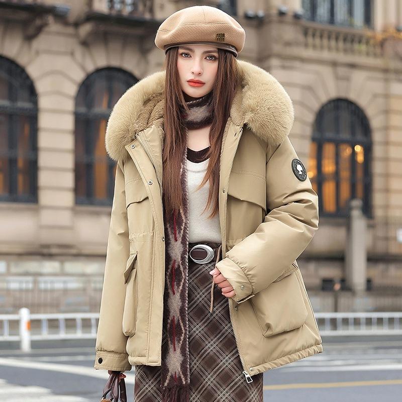 Women Short Medium Length Down Jacket Winter Warm Stand Collar Solid Color Casual Outerwear Coat