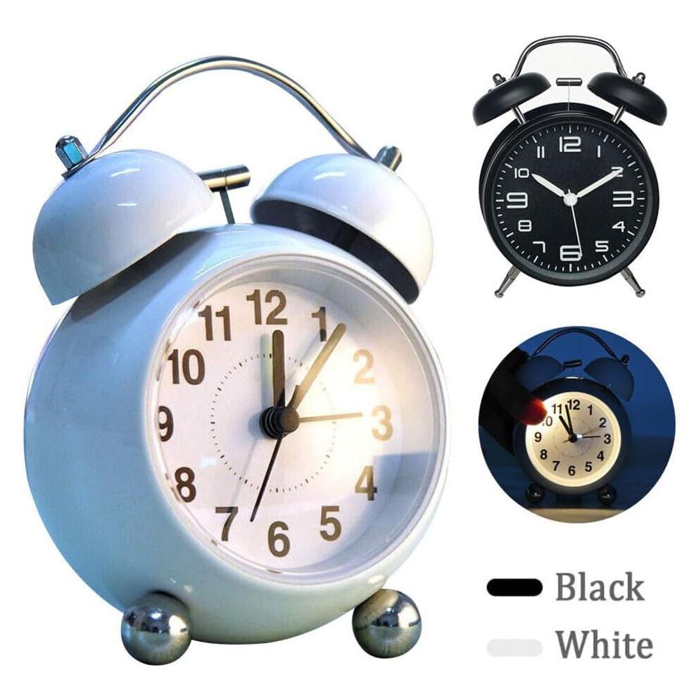 Metal Silent Non-Ticking Bedside Alarm Clock Vintage Twin Bell Desk Clock with Backlight for Heavy Sleepers, Kids
